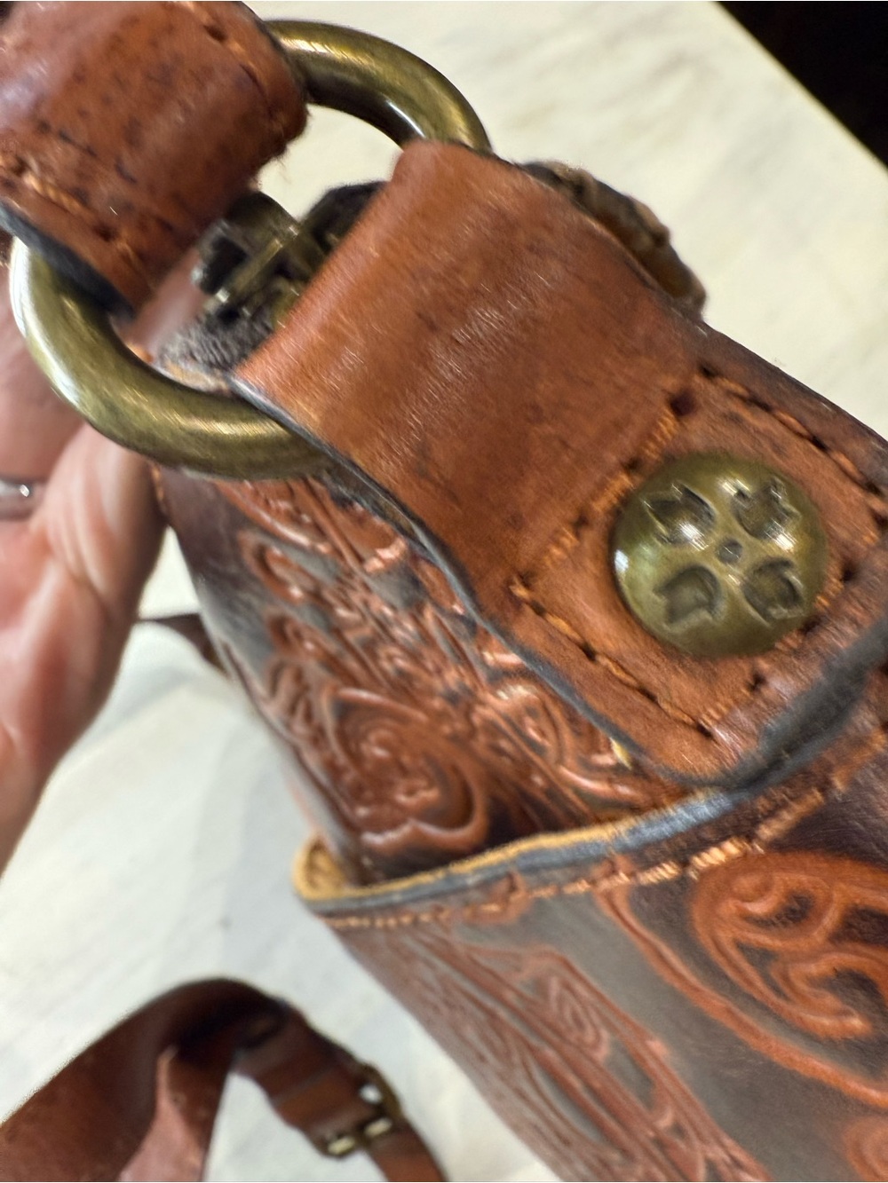 Patricia Nash Chestnut Tooled Leather Crossbody with Tassel - Picture 11 of 13